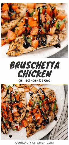 grilled chicken with black olives and tomatoes on top is shown in two separate images