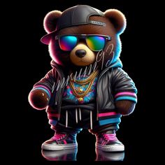 a teddy bear with sunglasses and a hat on it's head wearing a jacket