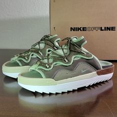 Nike Offline 2.0 Sandals Shoes Olive Green White Tan  CZ0332 200 New With Box Nike Slides Womens, Nike Flip Flops, Nike Vapor Max, Nike Sandals, Brown Flip Flops, Nike Benassi, Nike Air Force Ones, Footbed Sandals, Nike Green