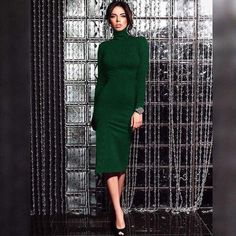 Simple Fashion High Neck Long Sleeve Bodycon Knee-length Dress Stretch Turtleneck Midi Dress For Party, Winter Long Sleeve Midi Dress For Club, Elegant Solid Color Winter Bodycon Dress, Winter Club Bodycon Dress, High Stretch Bodycon Dress For Night Out In Winter, Winter Slim Fit Long Sleeve Dresses, Fitted Turtleneck Midi Dress For Party, Winter Party Bodycon Dress In Solid Color, Stretch Long Sleeve Midi Dress For Club