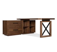 a desk with two drawers and one open drawer