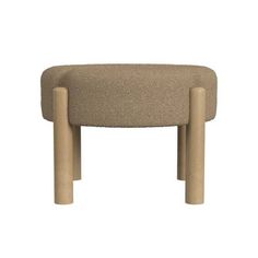 a small stool with wooden legs and a beige upholstered seat on the bottom