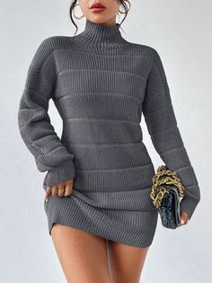 Women's Autumn Winter Stand Collar Dropped Shoulder Long Sleeve Textured Sweater Dress Dark Grey Casual  Long Sleeve Knitted Fabric Plain  Slight Stretch  Women Clothing, size features are:Bust: ,Length: ,Sleeve Length: Textured Knit Sweater, Grey Turtleneck Sweater, Grey Turtleneck, Turtleneck Sweater Dress, Womens Knit Dresses, Textured Sweater, Sweater Dress Women, Hip Dress, Pullover Designs