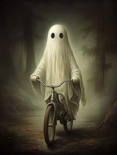 a ghost riding a bike in the woods