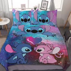 a bed with two cartoon characters on it