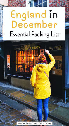 a woman walking down the street in front of a store with text overlay that reads england in december essential packing list