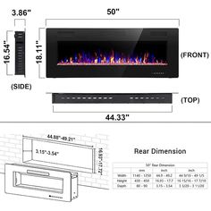 the wall mounted electric fireplace is shown with measurements