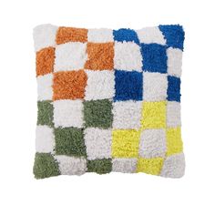 a multicolored square pillow on a white background with an orange, green, yellow and blue checkerboard pattern