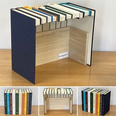 four different views of a bookshelf made out of plywood and colored books