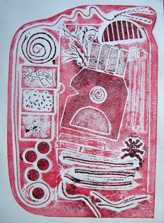 a red and white drawing of an oven