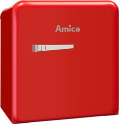 a red refrigerator with the word amica on it