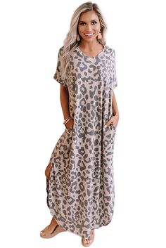 Casual Leopard Maxi Dress with Slits Casual Dresses With Side Slits And Split Hem, Casual Spring Midi Dress With Split Design, Casual Midi Dress With Split Design For Spring, Spring Midi Dress With Split Design And Split Hem, Casual Split Midi Dress, Spring Casual Maxi Dress With Split Design, Casual Spring Maxi Dress With Split Design, Casual Midi Dress With Side Slits, Casual Spring Midi Dress With Split Hem