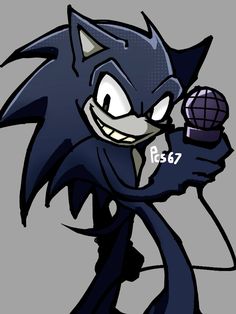 the sonic character is holding a microphone in his right hand and smiling at the camera