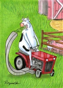 a cow riding on the back of a red lawn mower