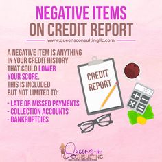 a pink background with the words negative items on credit report and a calculator