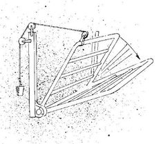 an old drawing of a folding umbrella on the ground, with one arm extended and two legs attached to it