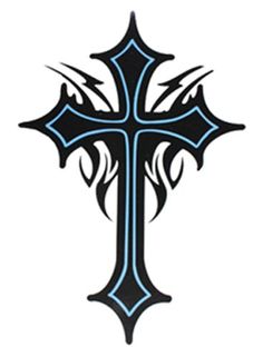 a black and blue cross with flames in the center on a white background is shown