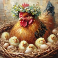 a painting of a hen and her chicks in a nest with flowers on their head