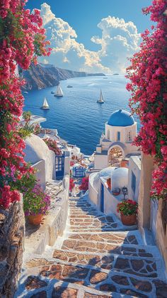 an alley with steps leading to the water and boats in the distance, surrounded by pink flowers