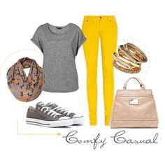 Outfit Mustard, Yellow Pants Outfit, Yellow Dress Outfit, Brown Scarf, Tan Purse, Yellow Scarf