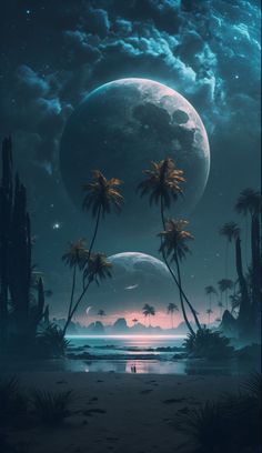 two palm trees are in front of a full moon and the beach is covered with water