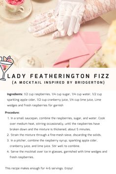 A mocktail recipe called the "Lady Featherington Fizz", inspired by the show called Bridgerton. Bridgeton Party Food, Tea Time Bachelorette Party, Bridgerton Theme Party Food, Bridgerton Food Recipes, Bridgerton Ball Theme Party, Bridgerton Dessert Ideas, Bridgerton Party Theme Ideas, Bridgerton Dinner Party Food, Bridgerton Inspired Food