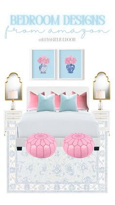 a bedroom with pink and blue decor on the bed, nightstands and mirror above it