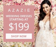 a woman in a wedding dress standing next to a flower wall with the words azzie wedding dresses starting at $ 19 99