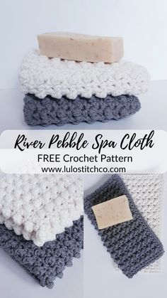 three crocheted dishcloths with soap on top and text overlay that reads, rever pebble spa cloth free crochet pattern