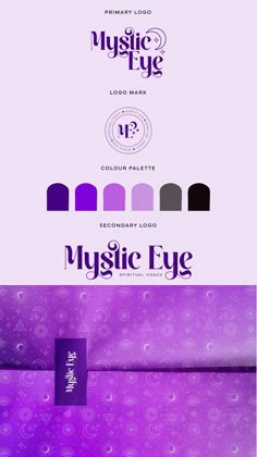 the packaging design for mystic eye cosmetics is shown in purple and white colors, with an abstract