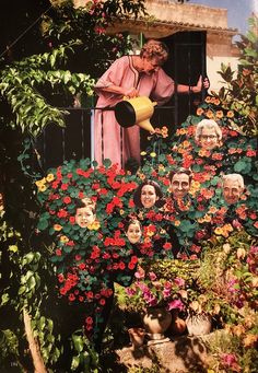 a woman watering flowers in front of a window with pictures of people on the windowsill