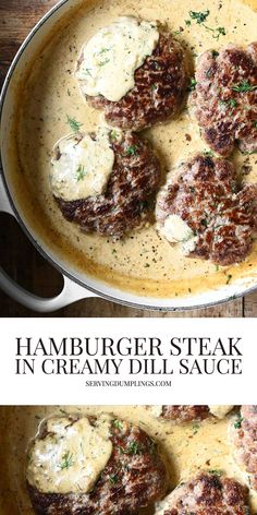 hamburger steak in creamy gravy sauce served in a skillet