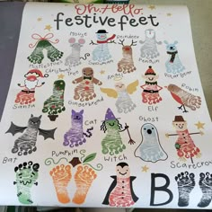 a poster with different hand and foot prints on it's front cover that says, happy festive feet