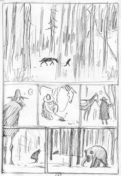 a comic strip with animals and people in the woods