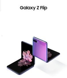 an advertisement for the samsung z flip phone, with two different models in purple and black