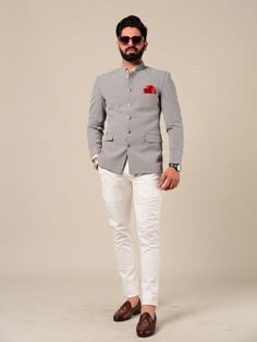 "Important Instrucitons : We request you to kindly calculate the processing time of your order after the mutual confirmation on Bespoke measurements between us has taken place (either via message , e mail or form) \"Crafted with Passion in India; loved by men across the USA, Canada, Europe\" Product Specifications : Material: Terry Rayon Color: Light Grey Collar type: Mandarin , Blazer with 6 Buttons in front. Package contents: 1 Blazer Wash Care Instruction : Dry-clean only Trouser : Cotton Lyc Jhodpuri For Mens, New Blazer Design For Men, Marriage Outfits Men, Shaadi Outfits For Men, Engagement Clothes For Men, Jodhpuri Suit Wedding Grooms, Koti Kurta For Men Wedding, Koti Jacket For Men, Mens Engagement Outfits