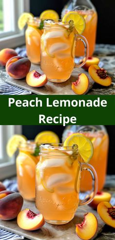 peach lemonade recipe in mason jars with sliced peaches