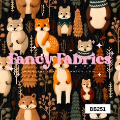 the cover of fancy fabrics featuring foxes, bears and pine trees