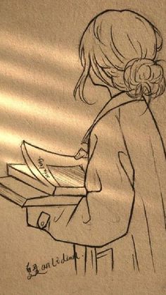 a drawing of a girl reading a book with her head turned to the side and hands behind her back