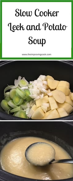 slow cooker leek and potato soup in a crock pot with a spoon