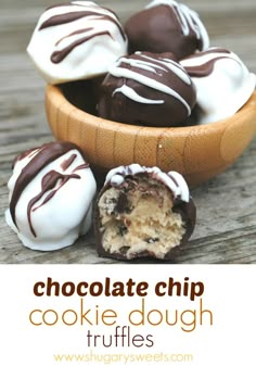 several chocolate covered desserts in a wooden bowl