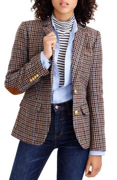 Professor Style, Pijamas Women, Dress Box, J Crew Style, Houndstooth Blazer, Brown Tones, Houndstooth Pattern, Plaid Blazer, Chambray Shirt