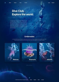 the underwater club website is displayed on a dark blue background, with images of people swimming in