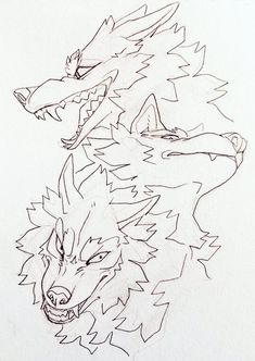 a drawing of two wolfs with their heads facing each other and one is looking at the camera