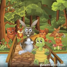 an image of animals crossing a bridge in the forest with rabbits and cats on it