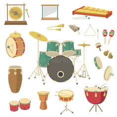 an assortment of musical instruments including drums, cymbals and drum sticks - objects illustrations