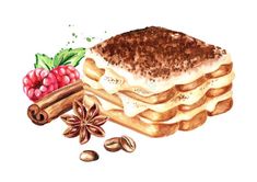 a piece of cake and some nuts on a white background watercolor drawing royalty illustration