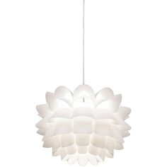 a white light hanging from the ceiling with a flower design on it's side