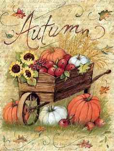 an autumn card with pumpkins and sunflowers in a wheelbarrow on the grass