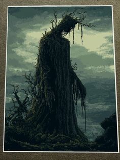 a painting of a giant tree stump with icicles on it